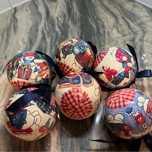 Vintage 6 Snowman Frosty Gingham Christmas Tree Decoupage Ball Ornaments - Picture 3 of 4
